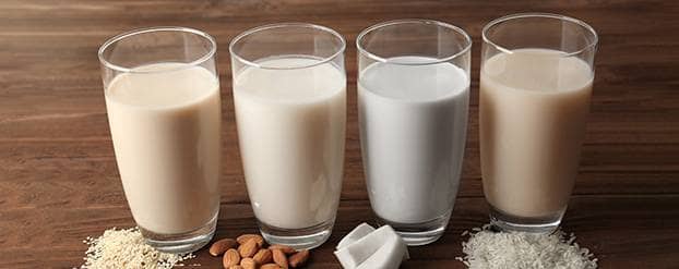 Verschillende soorten melkvervangers, rijstdrink, amandeldrink, kokosdrink en koolhydraten