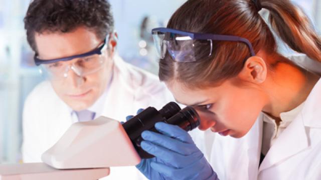 Onderzoekster kijkt door microscoop naar eiwitten