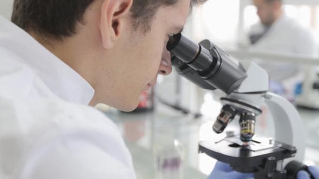 Foto: onderzoeker kijkt door microscoop