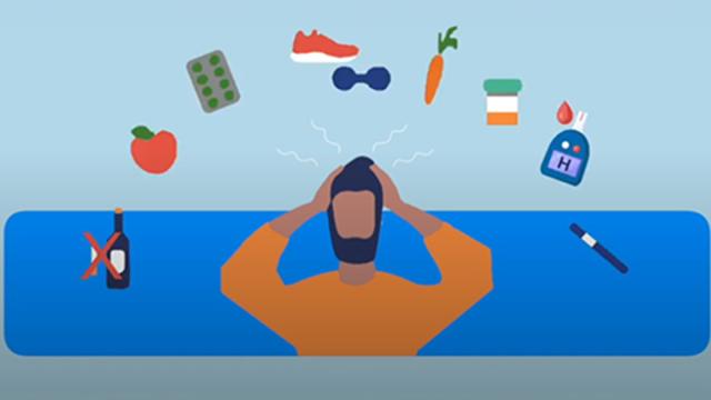 Tekening van iemand die zijn hoofd vastgrijpt en verschillende diabetes spullen in de lucht