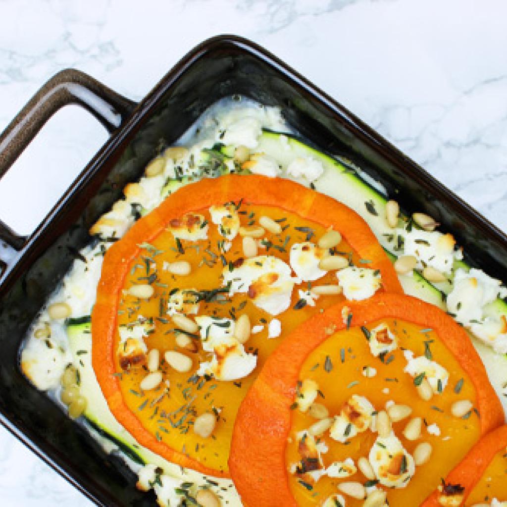Pompoen- en courgettelasagne met ricotta