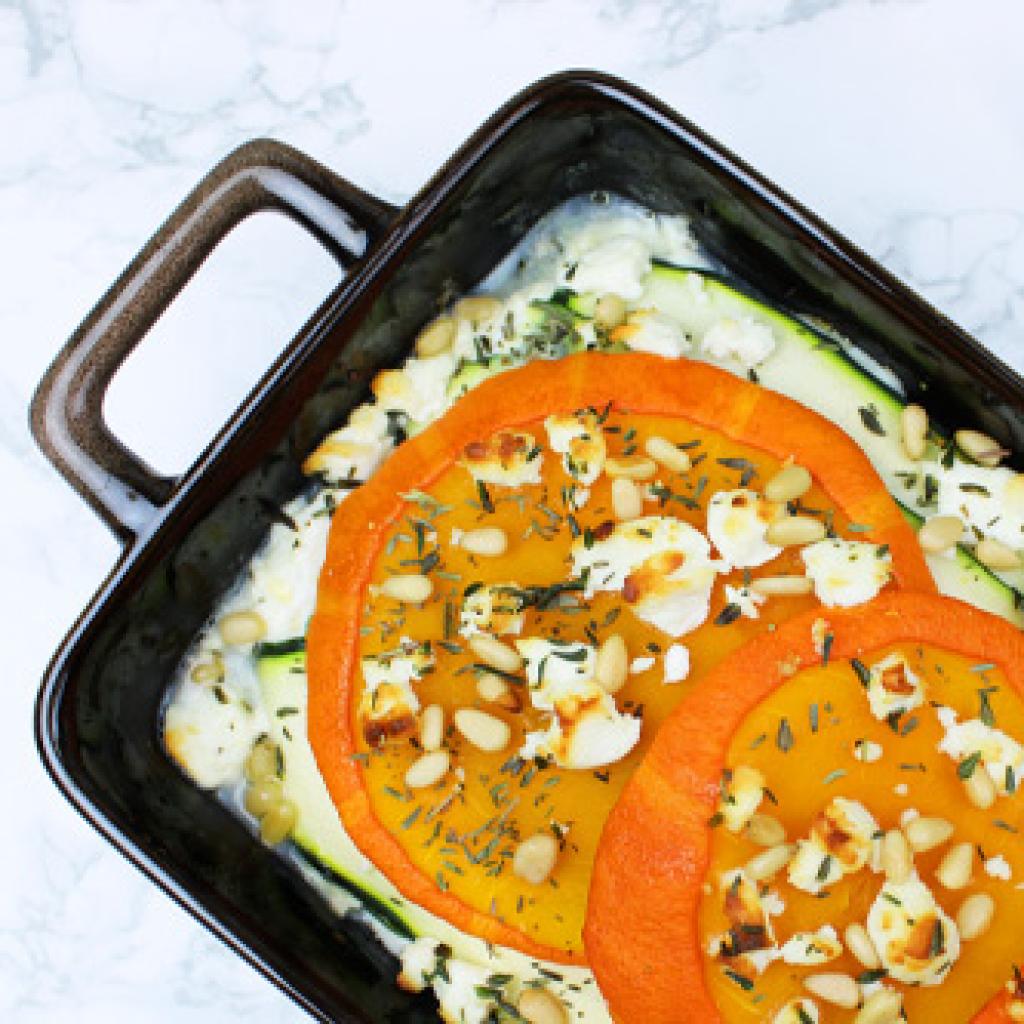 Pompoen- en courgettelasagne met ricotta
