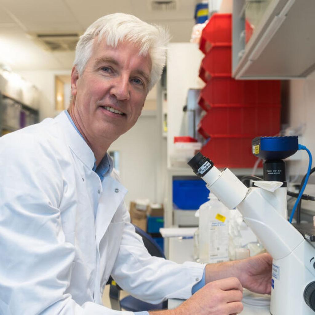 Professor dr. Eelco de Koning zit bij een microscoop