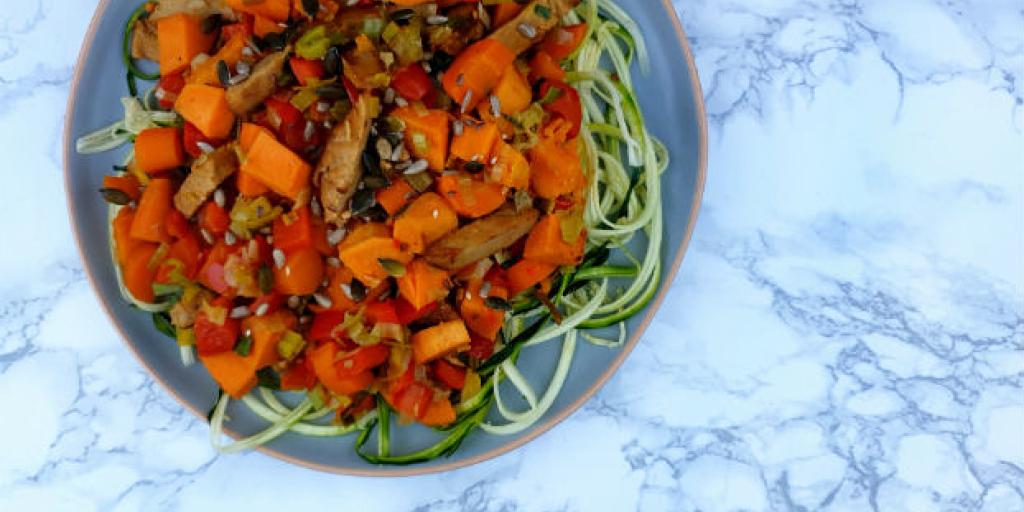 Groentepasta met zoete aardappel