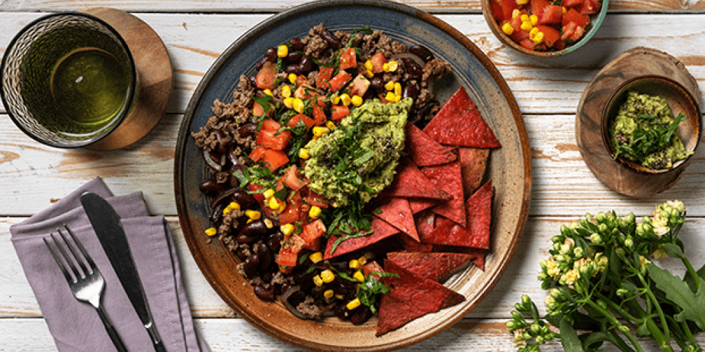 Nacho schotel met vegan gehakt en kidneybonen