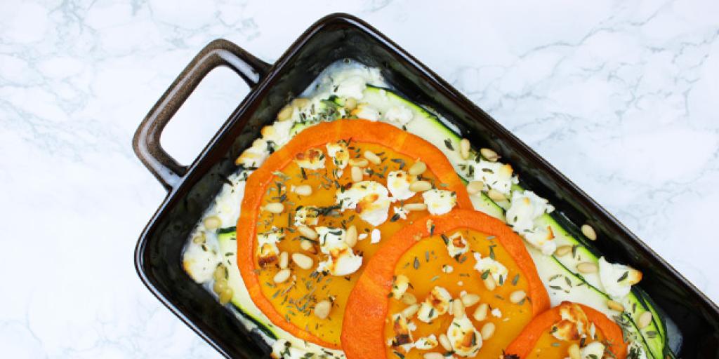 Pompoen- en courgettelasagne met ricotta