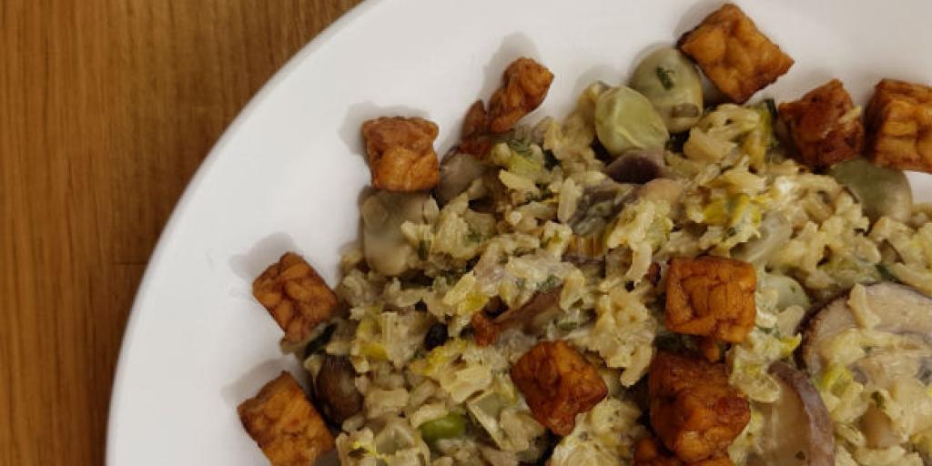 Rijstpannetje met tempeh en tuinbonen