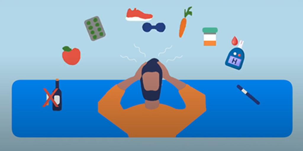 Tekening van iemand die zijn hoofd vastgrijpt en verschillende diabetes spullen in de lucht