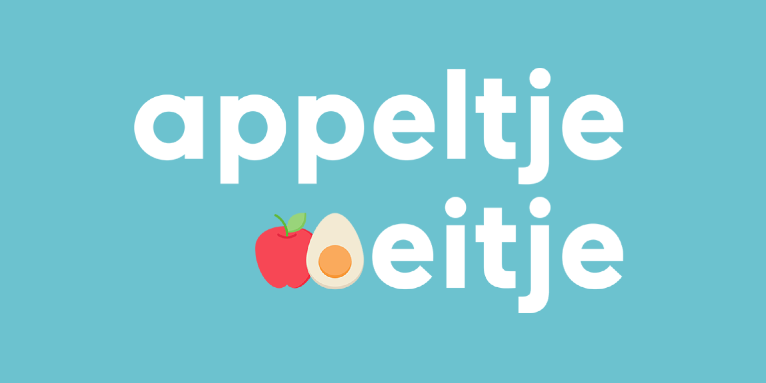 Tekst appeltje eitje met tekening van een appel en ei