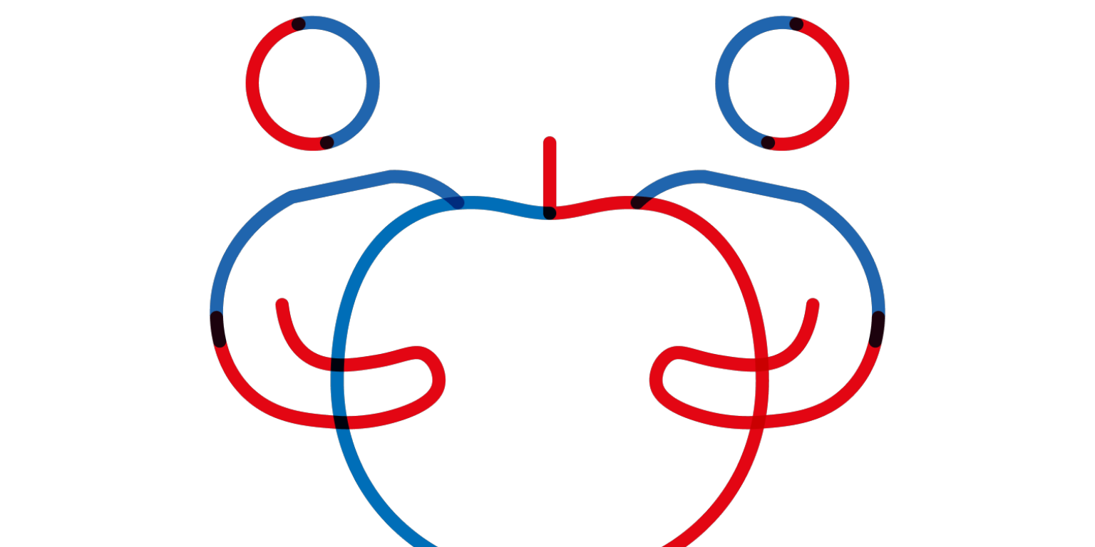 Pictogram van twee poppetjes die een appel omarmen