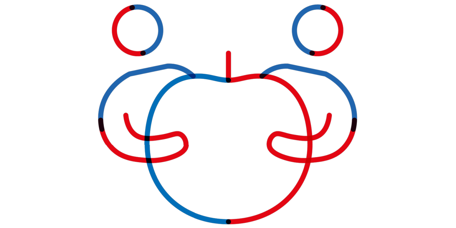 Pictogram van twee poppetjes die een appel omarmen