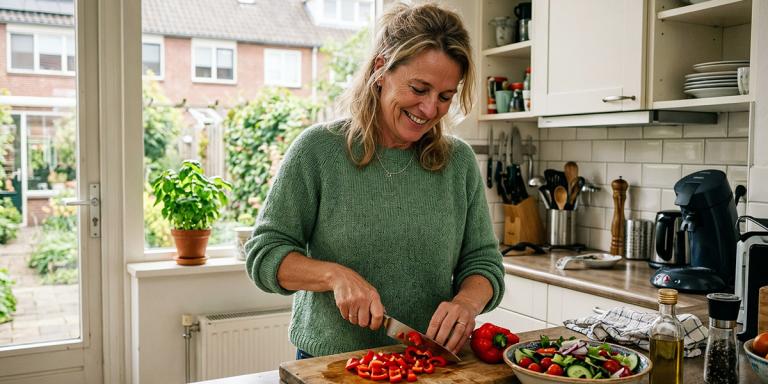 Vrouw maakt zich gereed voor de Nationale Suiker Challenge en snijd groente