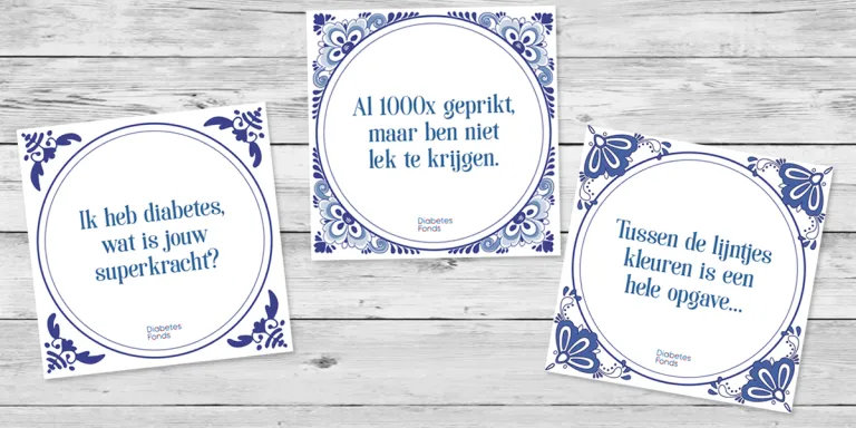 Ansichtkaarten in tegeltjes-stijl met diabeteswijsheden