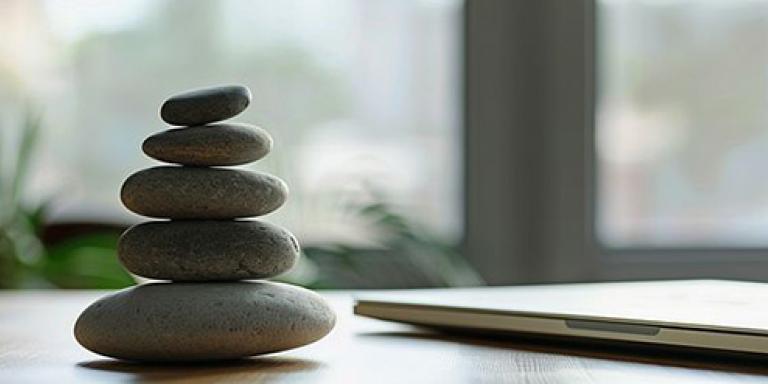 Bureau met op elkaar gestapelde stenen naast laptop, rustige sfeer