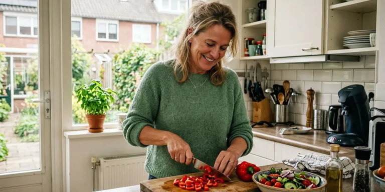 Vrouw is groente aan het snijden in een keuken. 