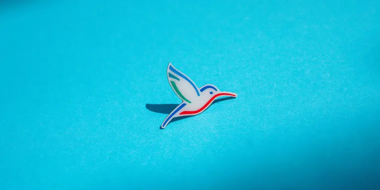 foto: kolibri-speldje met rode, blauwe en groene lijnen op blauwe achtergrond