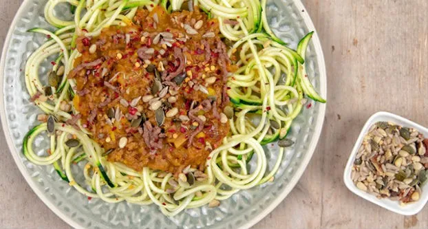 Courgetti met pompoen-gehaktsaus