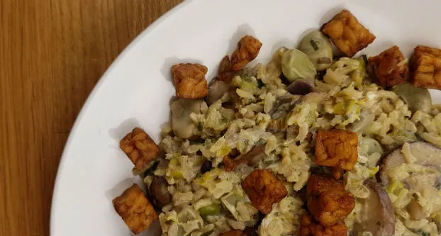 Rijstpannetje met tempeh en tuinbonen