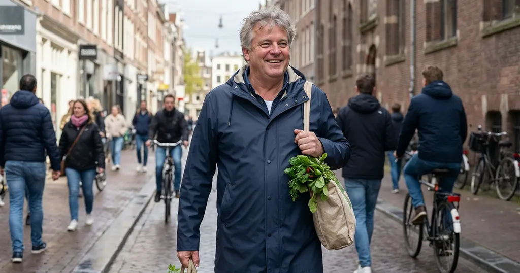 Man met boodschappentas gevuld met gezond eten, een voordeel van de suiker challenge