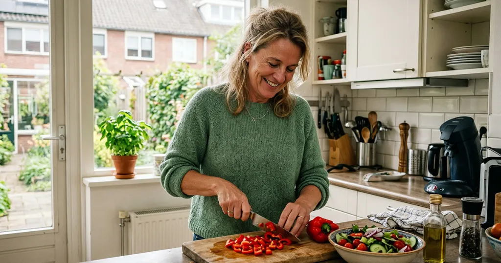 Vrouw maakt zich gereed voor de Nationale Suiker Challenge en snijd groente