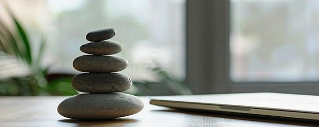 Bureau met op elkaar gestapelde stenen naast laptop, rustige sfeer