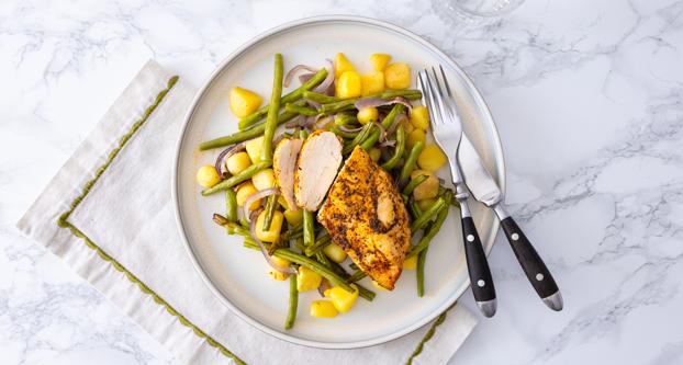 Geroosterde sperziebonen met kip en krieltjes