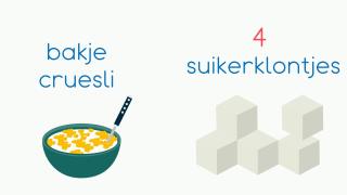 Hoe kun je suiker herkennen? bakje cruesli - 4 suikerklontjes