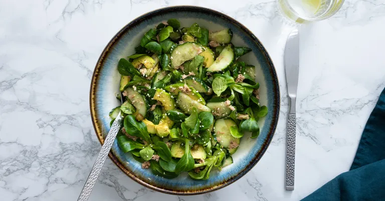 Salade met tonijn, avocado en sesamdressing